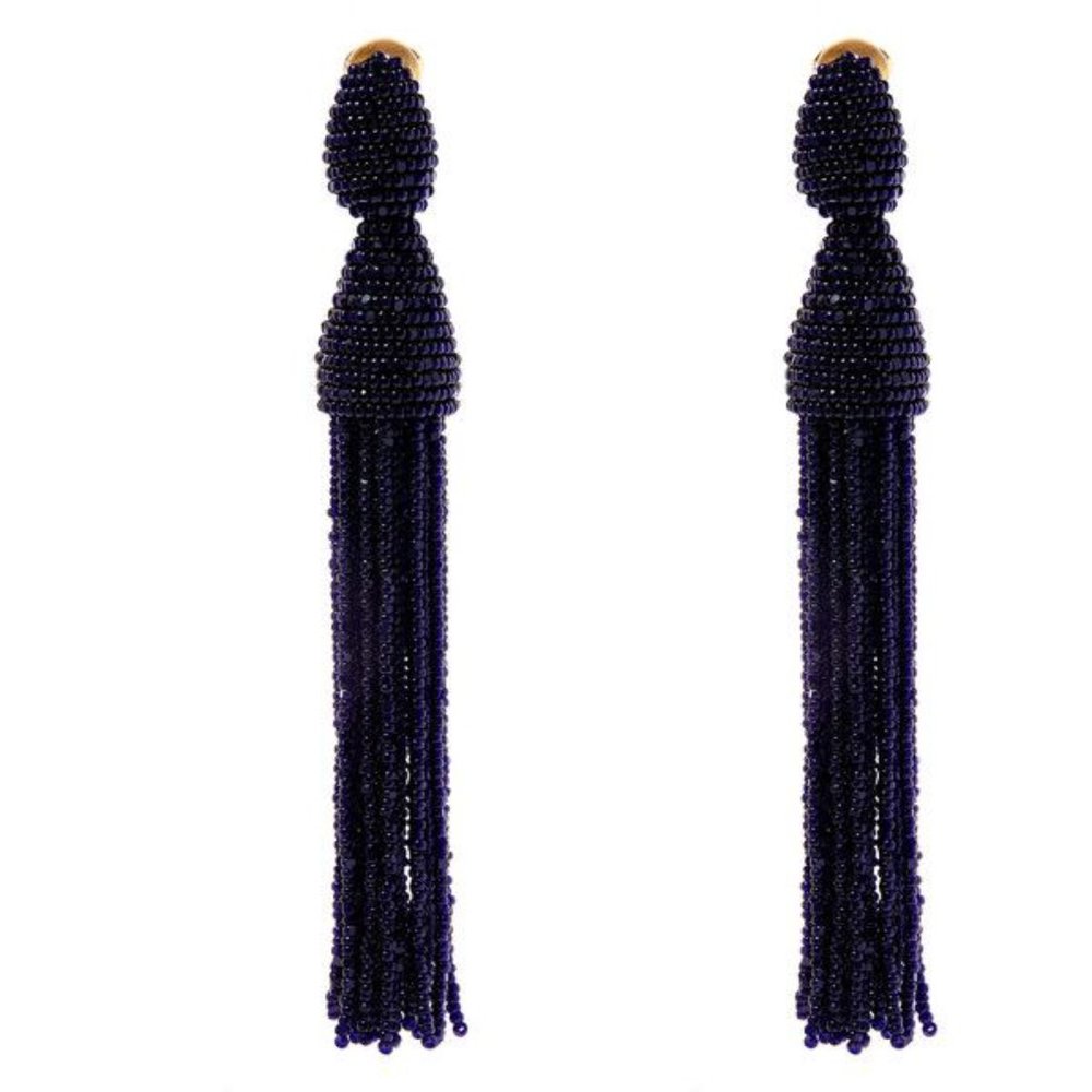 Oscar de la Renta Long Beaded Tassel Clip-On Earrings, Navy